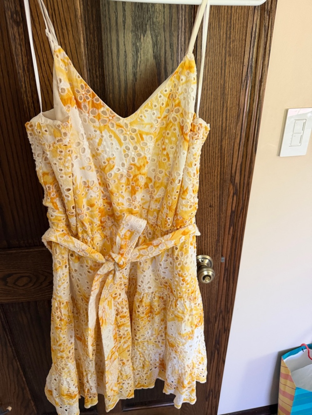 Express Yellow and Cream Eyelet Tie-Waist Mini Dress